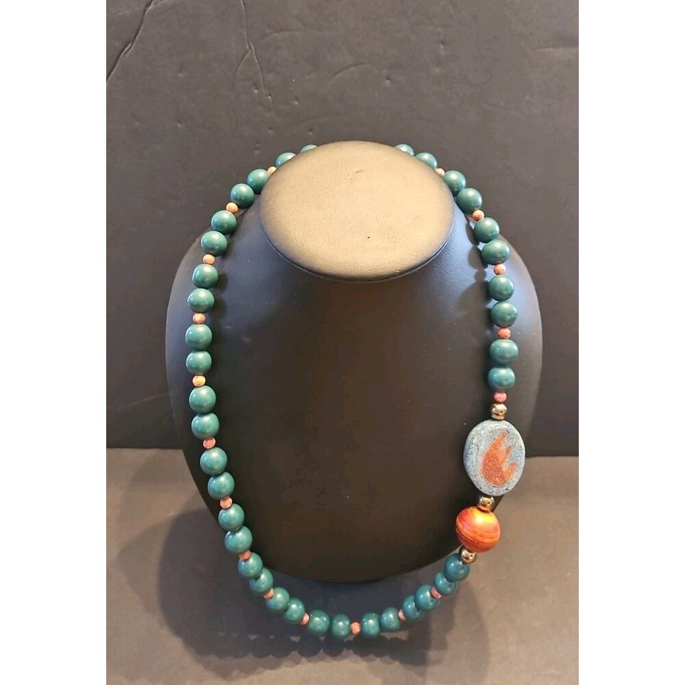 Vintage‎ Beaded Turquoise And Coral Pendant Necklace
